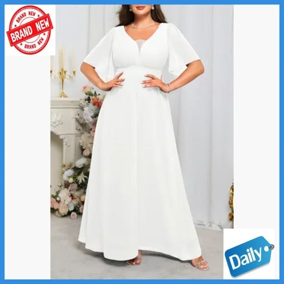 Plus Size Formal Maxi Dress V Neck Flutter Sleeves Chiffon Wedding Guest Gown